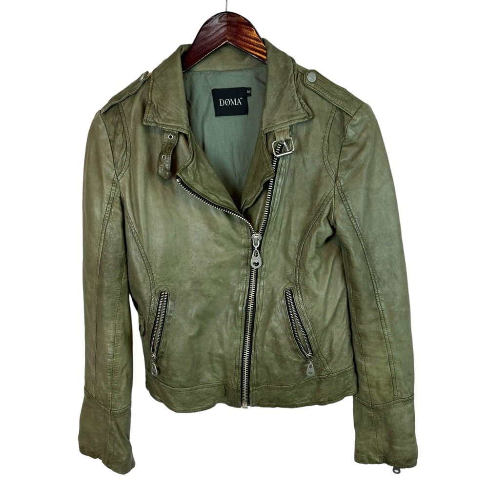DOMA Olive Green Leather Moto Jacket - Women